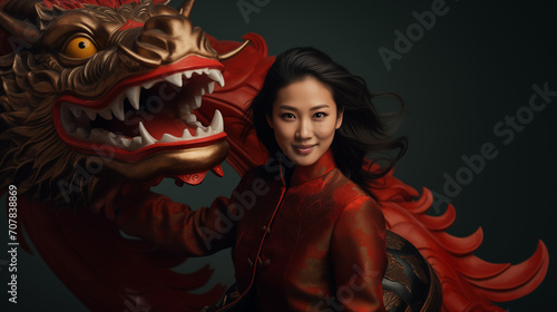 Portrait of beautiful Chinese woman with chinese dragon sculpture.  Red and gold. 