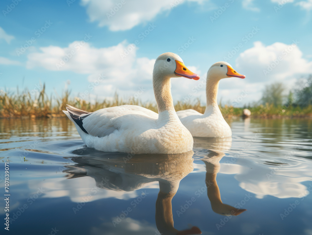 Two wild geese swimming in the lake with blue sky Two wild geese swimming in the lake with blue sky
