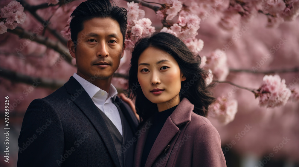 A couple stands solemnly among cherry blossoms, their elegance mirroring the timeless beauty of Hanami A couple stands solemnly among cherry blossoms, their elegance mirroring the timeless beauty of Hanami