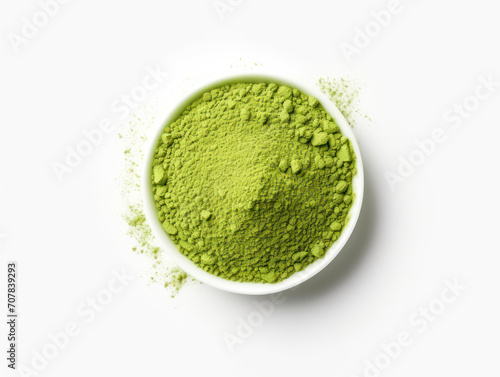 matcha green tea powder in bowl top view isolated on white background