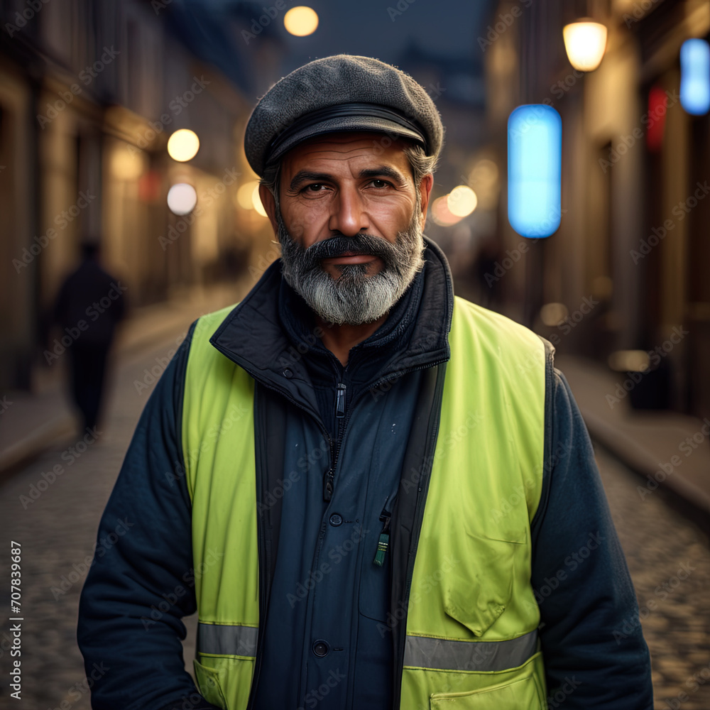 Portrait of adult male street sweeper during work Portrait of adult male street sweeper during work