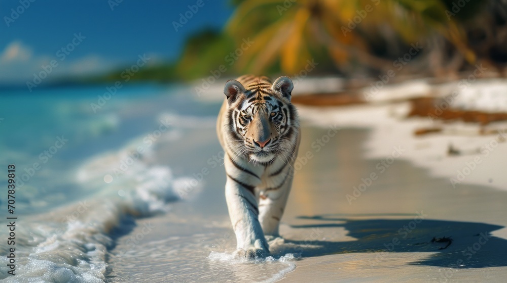 a white tiget walking toward the camera on a prinstine beach