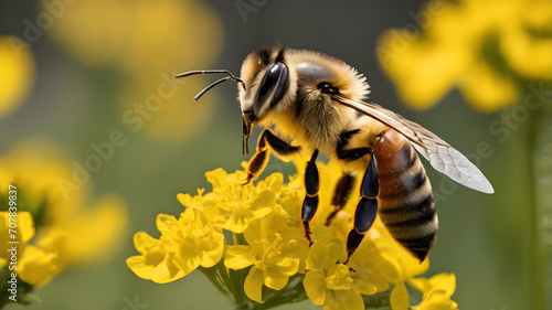 Honey bee collecting pollen on canola flower