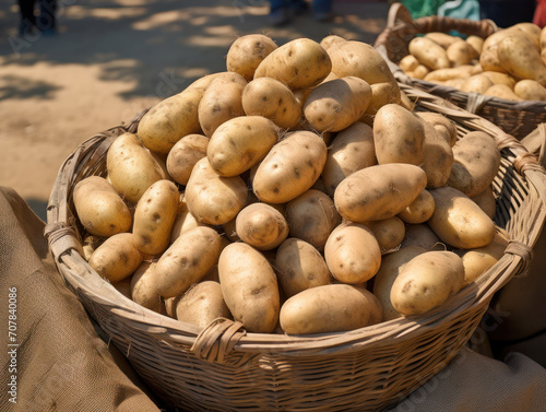 pile of potatoes in a basket for sale at the market