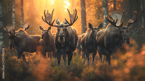 Group of moose in the forest in summer evening with setting sun.