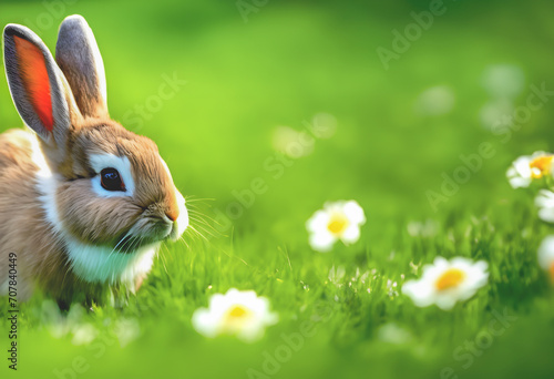 One cute rabbit in green grass on sunny day. Easter concept. Copy space. This photo was created using Playground AI