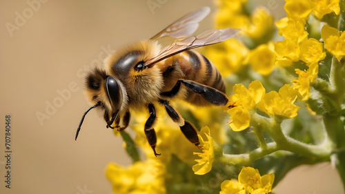 Honey bee collecting pollen on canola flower