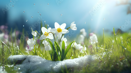 Spring flowers and grass growing from the melting sun, blue sky and sunshine in the background. Concept of spring coming and winter leaving. photo