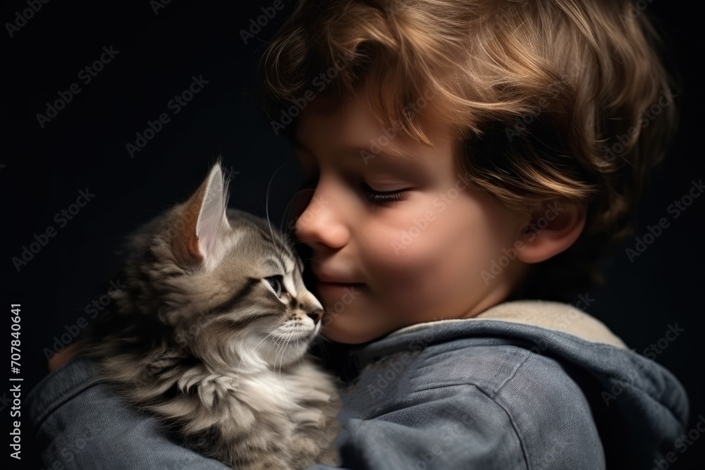 A boy hugging a kitten. A child's love for an animal. Banner. Cat.