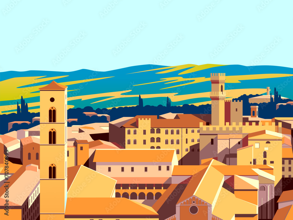 Tuscany Rural Landscape with little old town in the first lpan and fields, vineyards, cypresses and hills in the background. Handmade drawing vector illustration. Vintage style poster. Tuscany Rural Landscape with little old town in the first lpan and fields, vineyards, cypresses and hills in the background. Handmade drawing vector illustration. Vintage style poster.