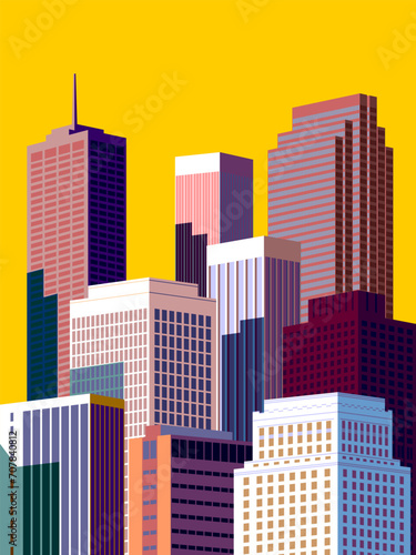 Cityscape overlooking high-rise corporate buildings in the commercial and financial center and luxury condominiums in the city center. Handmade drawing vector illustration. Pop art style poster. © alaver