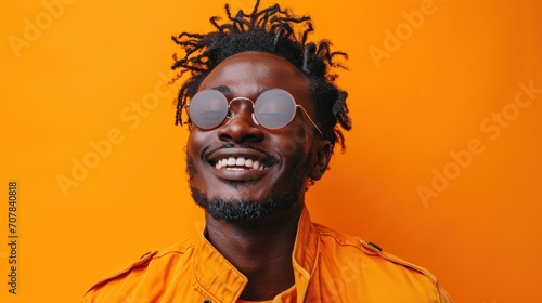 Portrait of a smiling african american man in sunglasses on orange background photo