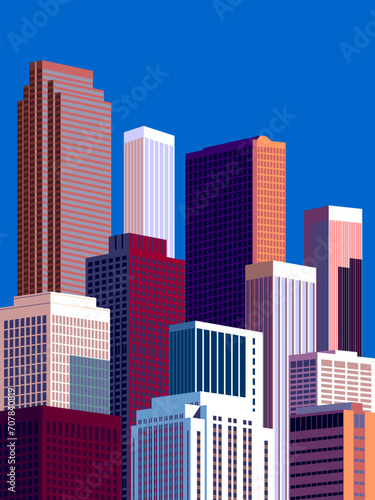 Cityscape overlooking high-rise corporate buildings in the commercial and financial center and luxury condominiums in the city center. Handmade drawing vector illustration. Pop art style poster.