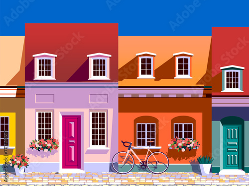 A beautiful street with old historic houses, doors, windows and flowers on the windowsills. Handmade drawing vector illustration. © alaver