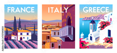 Set of travel posters. Italy, Greece and France. Handmade drawing vector illustration. 