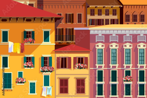 Italian little old town with old historic buildings . Handmade drawing vector illustration.