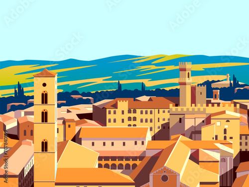 Tuscany Rural Landscape with little old town in the first lpan and fields, vineyards, cypresses and hills in the background. Handmade drawing vector illustration. Vintage style poster.