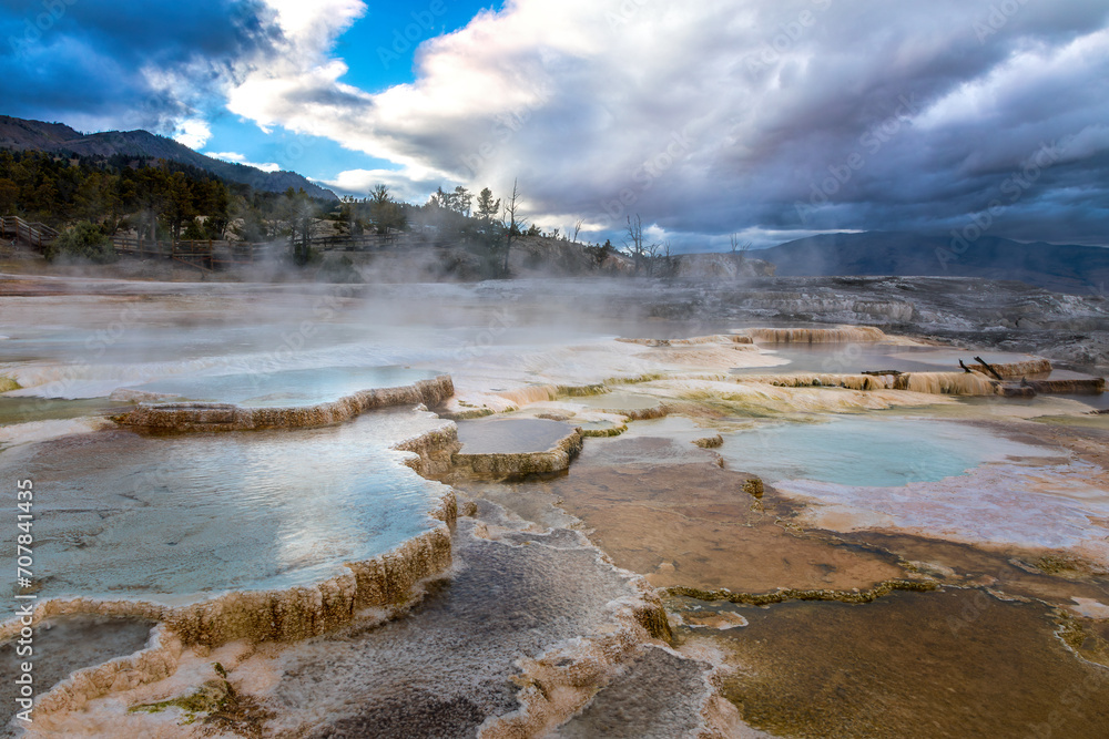 The geothermal terraces of Mammoth hot spring, Yellowstone National Park