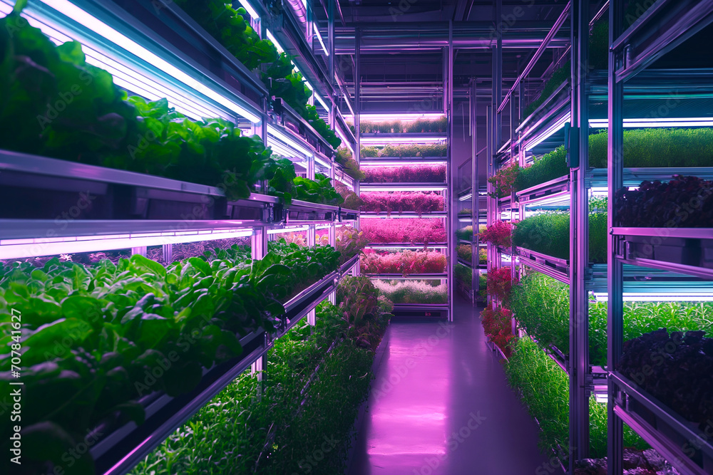 indoor vertical farm with rows of leafy greens growing under purple LED ...