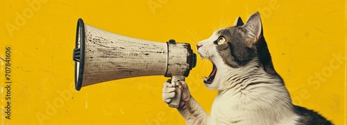 Cat yelling into a megaphone against a vibrant yellow vintage-style background, creating a humorous take on advocacy. Loudspeaker announcing crazy promotions.  photo