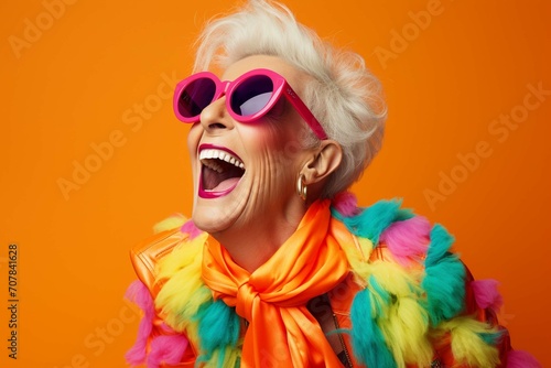 Happy senior woman in colourful orange outfit cool
