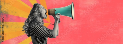 A lively vintage-style image of a woman in stripes shouting into a turquoise megaphone crazy promotions, set against a vibrant, abstract sunburst background. photo