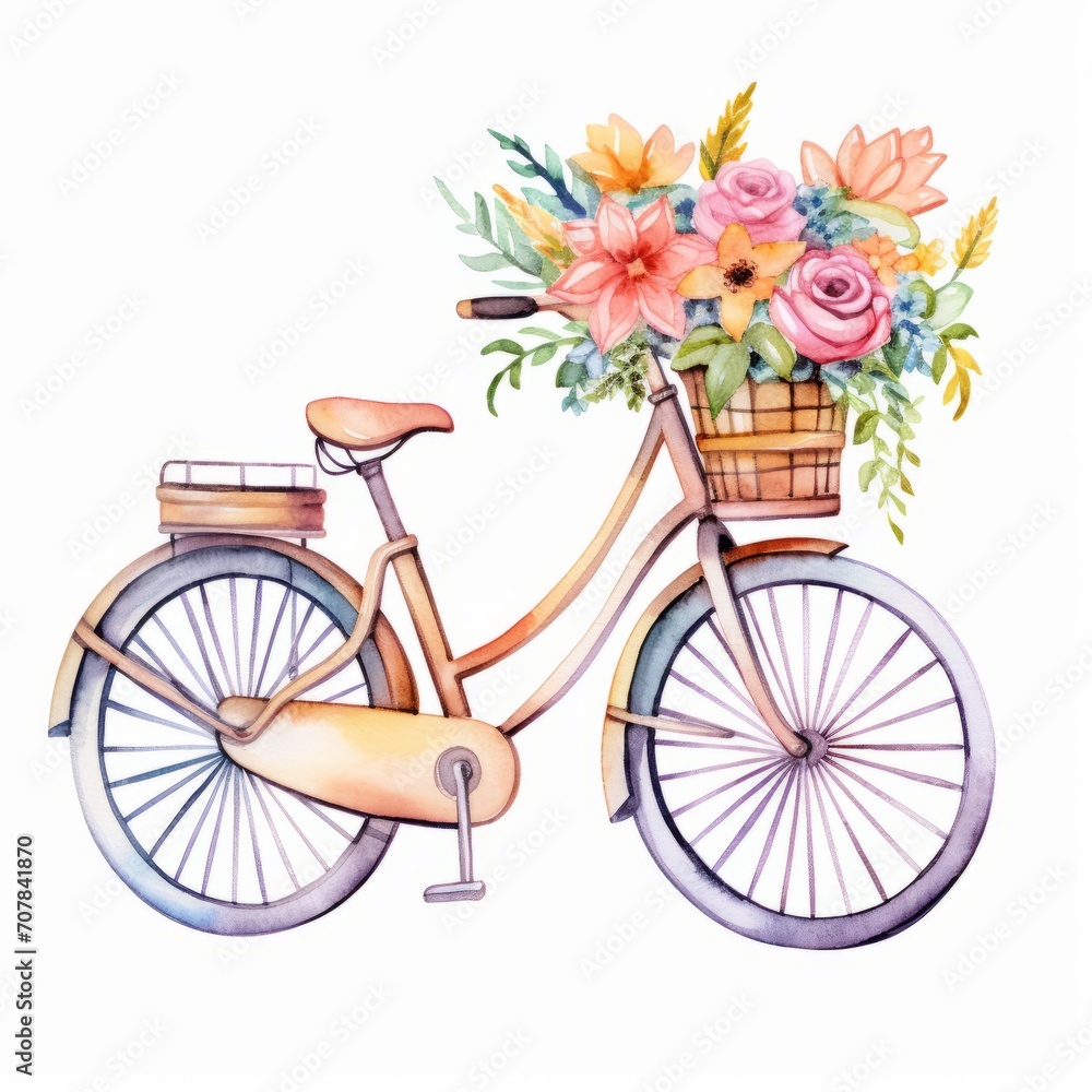 Aquarell Vintage-Fahrrad mit Blumenkorb Illustration