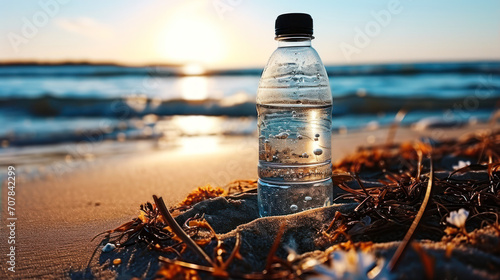 Transparent reusable water bottle on sandy beach with ocean backdrop emphasizing environmental awareness and sustainable lifestyle choices