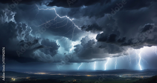 Experience the drama of a stormy sky, with ominous clouds swirling and crackling bolts of lightning that light up the horizon in a dazzling display - Generative AI photo