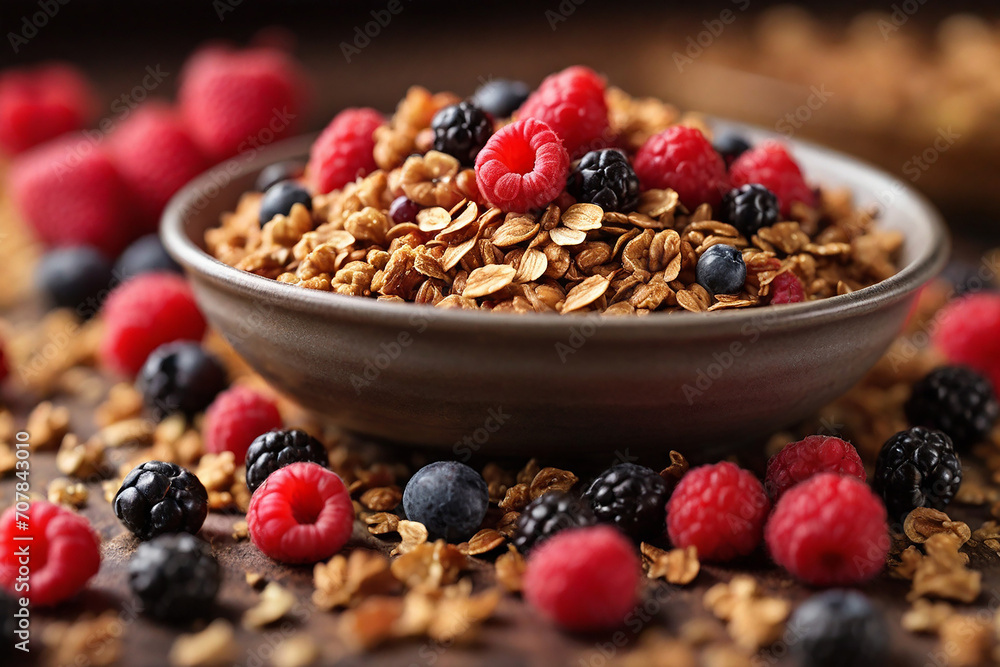 Bowl of granola with fresh berries on wooden table, closeup Bowl of granola with fresh berries on wooden table, closeup