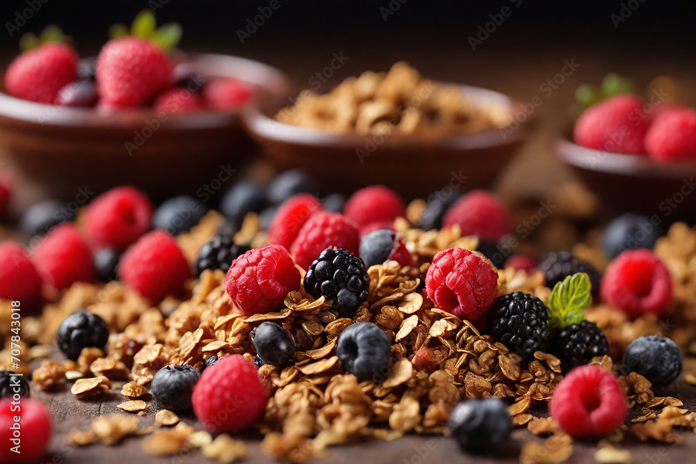 Granola with fresh berries on wooden table. Healthy breakfast. Granola with fresh berries on wooden table. Healthy breakfast.