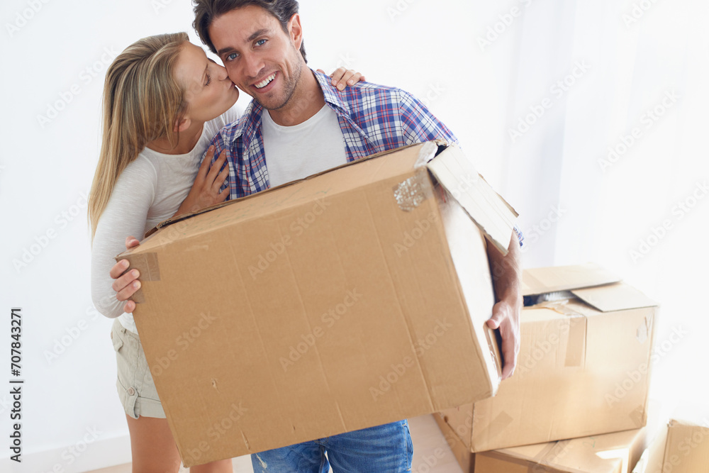 Couple, boxes and smile with kiss for real estate, new home or property investment with romance or love. Moving, man and woman with happy, hug or embrace for fresh start, achievement and dream house Couple, boxes and smile with kiss for real estate, new home or property investment with romance or love. Moving, man and woman with happy, hug or embrace for fresh start, achievement and dream house