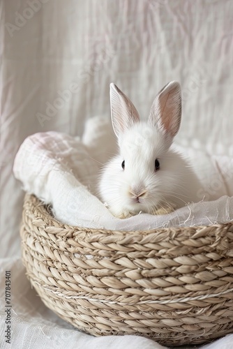 White rabbit peeking out from wicker basket, embodiment of curiosity, ideal for Easter or pet-related content, 