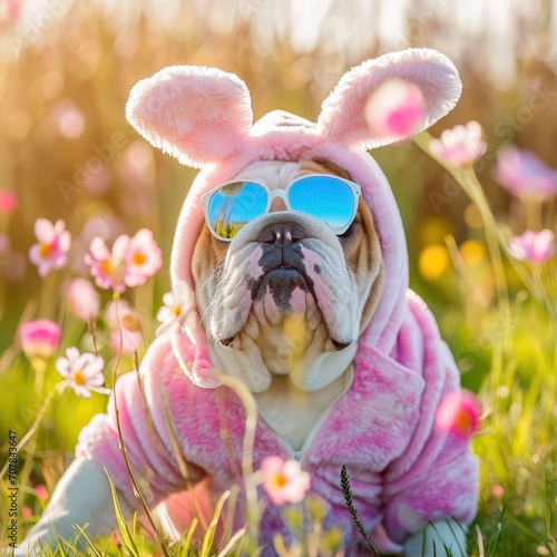 A cool bullodg in a funny easter bunny costume in garden photo