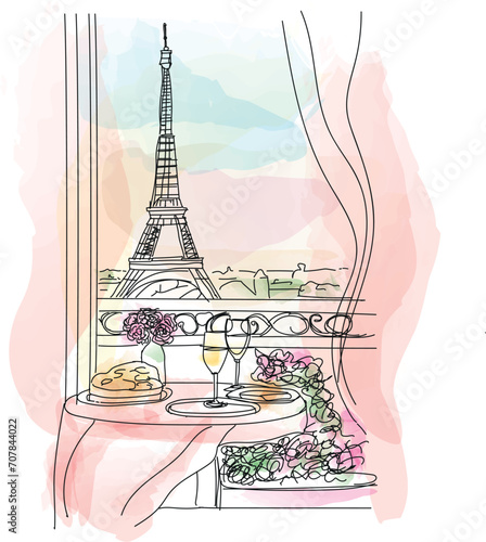french breakfast on the balcony overlooking the eiffel tower, vector illustration © Aleksandra