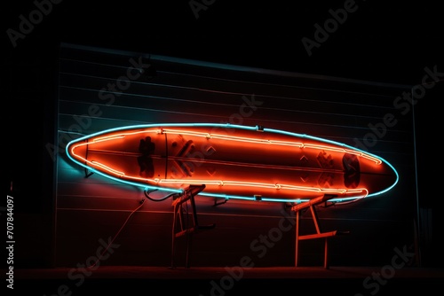neon red surfboard sign glowing at night at beach bar or surfing school  photo