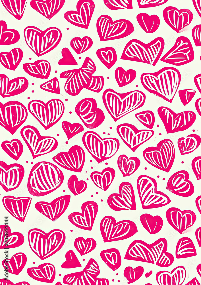 Rustic pink linocut heart Valentines Day holiday pattern, craft romantic design Rustic pink linocut heart Valentines Day holiday pattern, craft romantic design