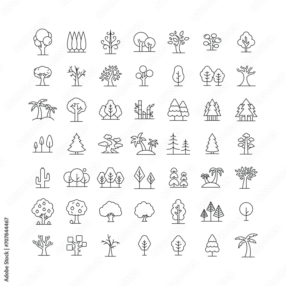 Tree icon set. Simple outline style. Forest, park and garden trees, nature concept. Thin line symbol. Vector illustration isolated.