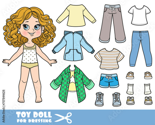Cartoon girl with curle haired and clothes separately -  shirts, shorts, jeans and sandals doll for dressing