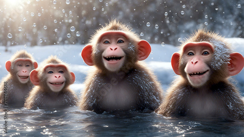 Affen baden  im Wintre in einer heißen Quelle, baden und freuen sich.  photo