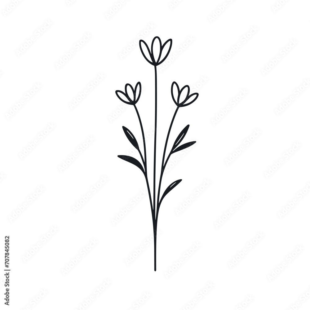 Black and white vector illustration of a flower with three buds and leaves, ideal for elegant designs and decor.