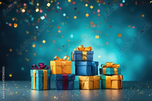 Many colorful gift boxes on festive blue background