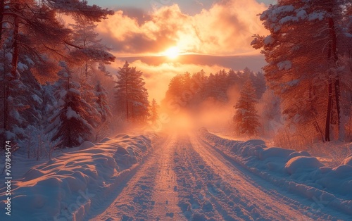 sunset snowy road in the mountains  © Riccardo