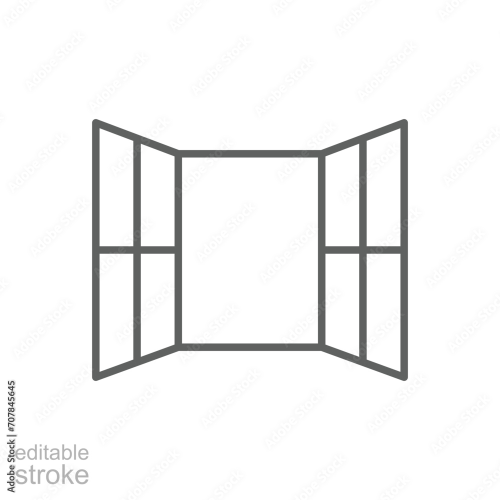 Opened window icon. Simple outline style. Open window, frame, room, house, home interior concept. Thin line symbol. Vector illustration isolated. Editable stroke. Opened window icon. Simple outline style. Open window, frame, room, house, home interior concept. Thin line symbol. Vector illustration isolated. Editable stroke.