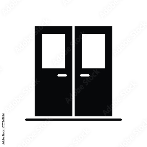 Double door with glass window icon. Simple solid style. Entrance door, hospital, frame, doorway, house, home interior concept. Silhouette, glyph symbol. Vector illustration isolated.