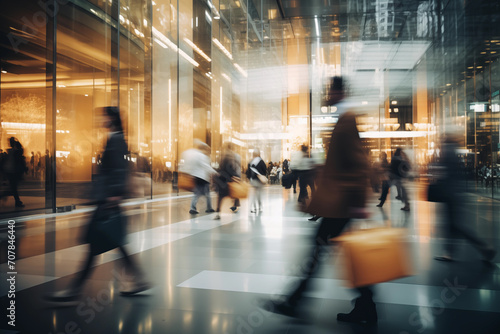 Natural bokeh of city centre view, blurred out of focus background. Abstract beautiful backdrop for text or advertising. Unfocused buildings and people