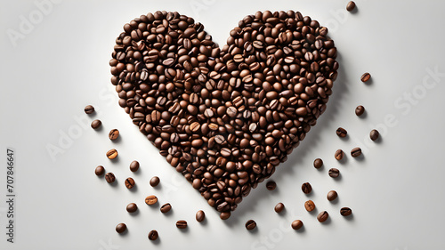 heart made of coffee beans on wooden white background