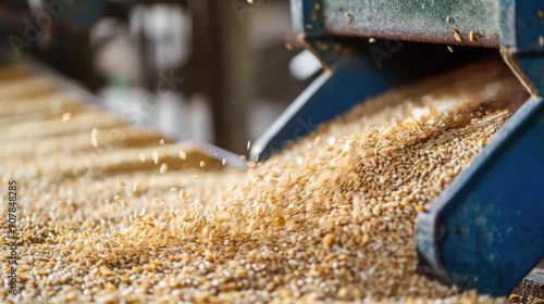 Golden-yellow grains cascading from hopper, sorting machine onto conveyor belt. Grains likely some type of cereal, such as rice. Organic rice grains. photo