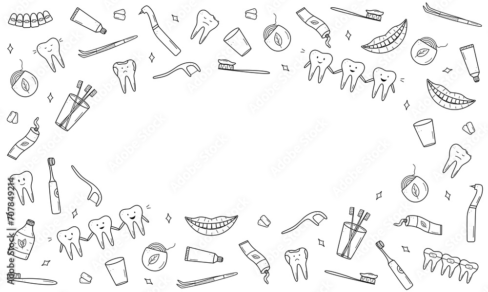Dentistry set of doodle icons. Vector illustration of elements for the treatment and care of teeth. Dentist's tools. Teeth with emotions. Dentistry set of doodle icons. Vector illustration of elements for the treatment and care of teeth. Dentist's tools. Teeth with emotions.