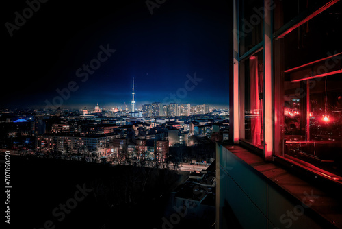 Photography View of Berlin Skyline from a sky bar on a cold Winter Night